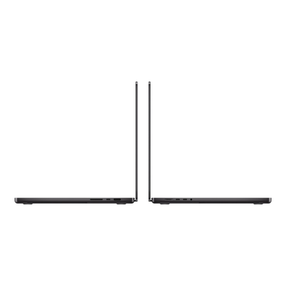 Two MacBook Pro M5 Max laptops in space black, viewed from the side, showcasing their sleek design and ports.