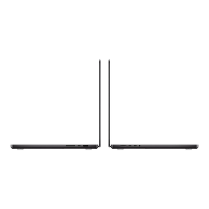 Two MacBook Pro laptops in space black, viewed from the side, showcasing their sleek design and ports.