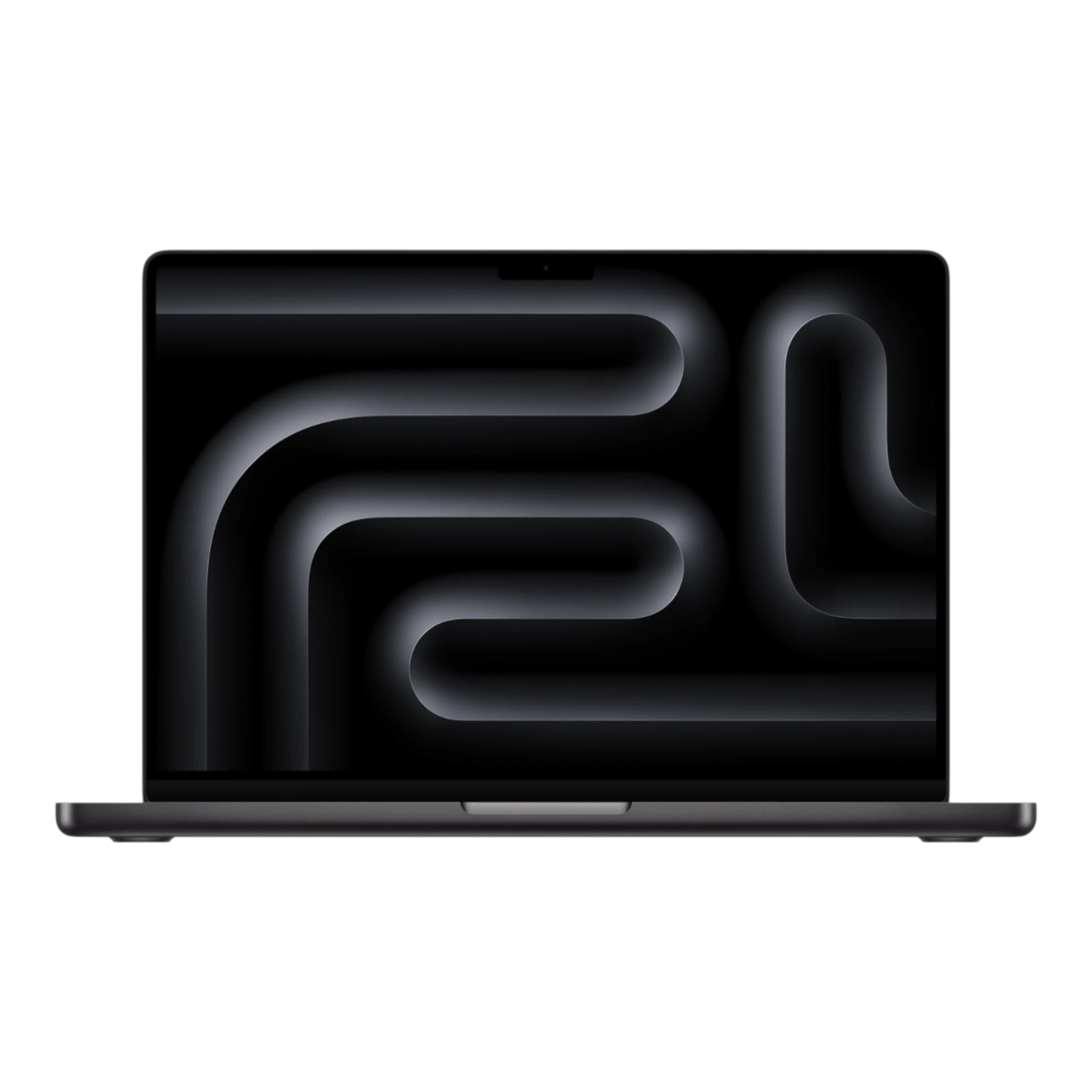 MacBook Pro M5 Max 14-inch in Space Black displaying an abstract dark design on the screen.