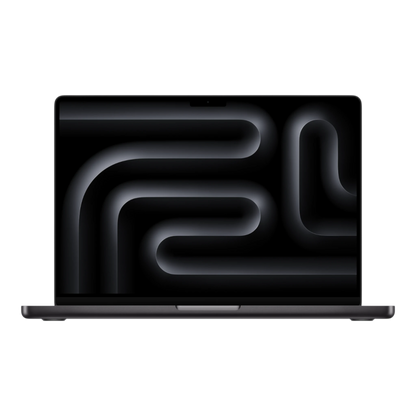MacBook Pro M5 Max 14-inch in Space Black displaying an abstract dark design on the screen.