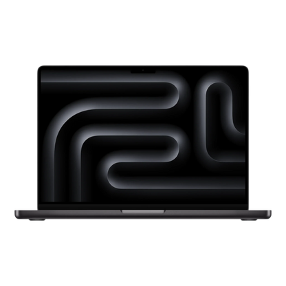 MacBook Pro M5 16-inch in Space Black displaying an abstract dark design on the screen.