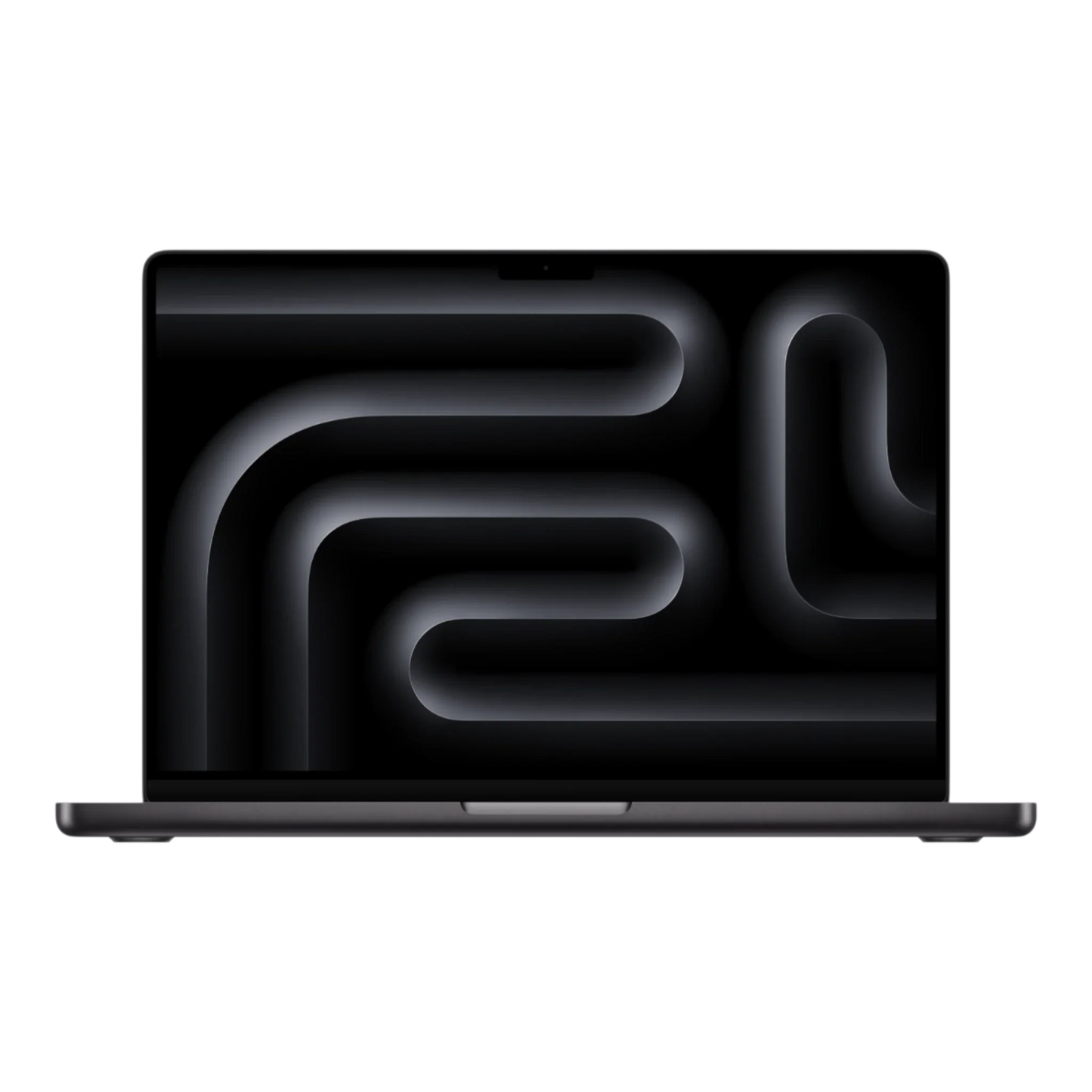 MacBook Pro M5 16-inch in Space Black displaying an abstract dark design on the screen.