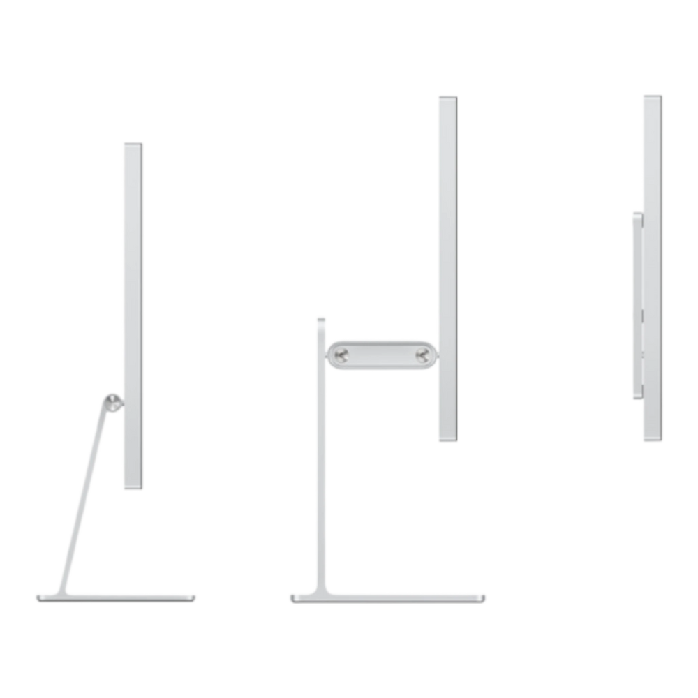 Tilt-adjustable stand for a studio display, shown from three angles to demonstrate its sleek design and functionality.