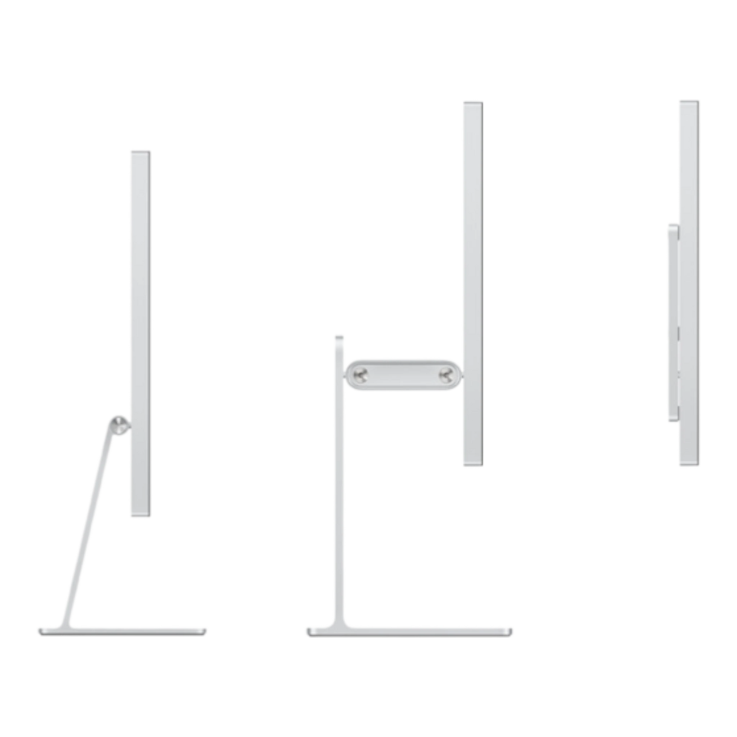 Tilt-adjustable stand for a studio display, shown from three angles to demonstrate its sleek design and functionality.
