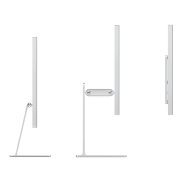 Tilt-adjustable stand for a studio display, shown from three angles to demonstrate its sleek design and functionality.