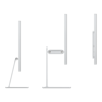Tilt-adjustable stand for a studio display, shown from three angles to demonstrate its sleek design and functionality.