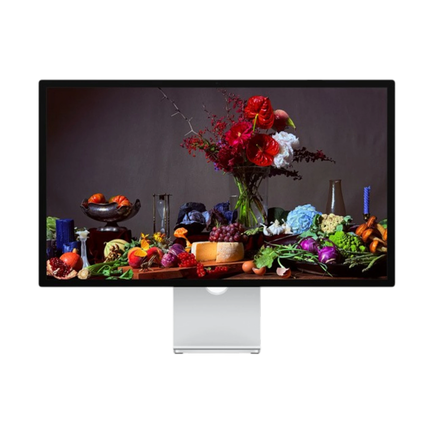Computer monitor displaying a colorful arrangement of fruits, vegetables, and flowers.