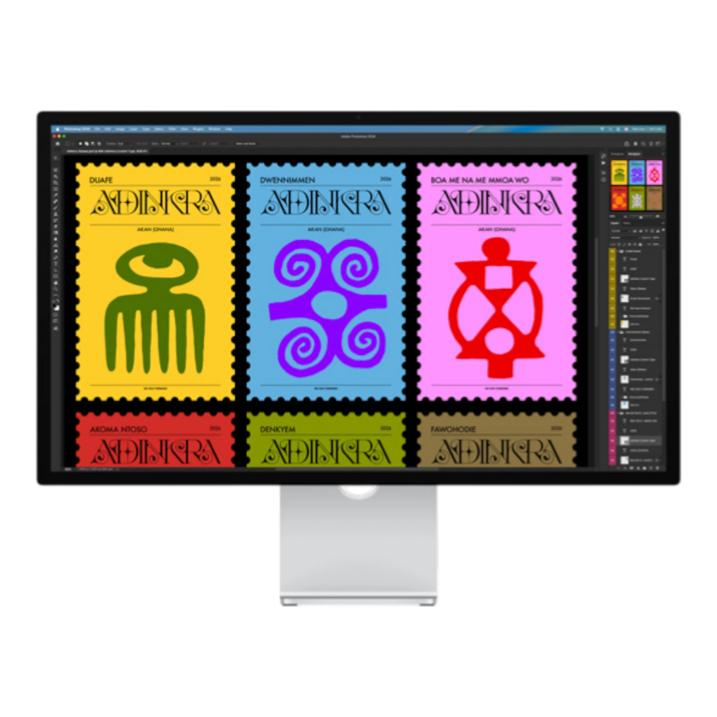 A monitor displaying colorful graphic designs of various stamps with African-inspired patterns and symbols.