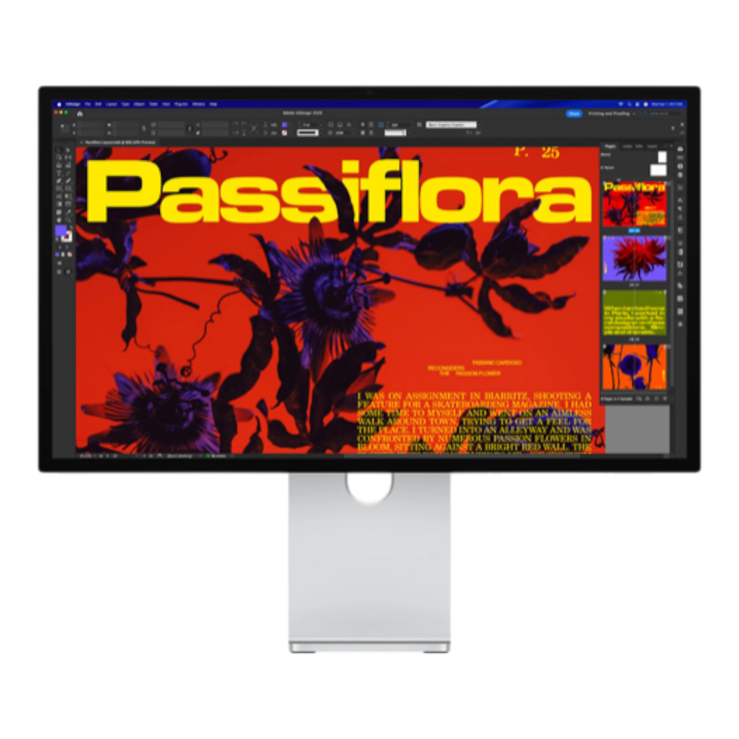 High-resolution display showcasing vibrant graphic design titled "Passiflora" in a creative software interface.