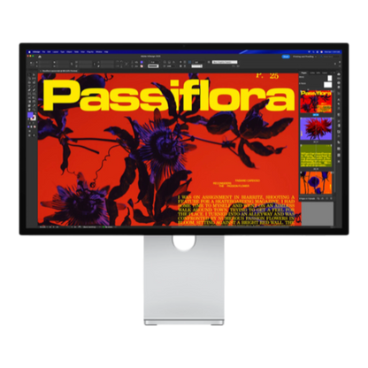 High-resolution display showcasing vibrant graphic design titled "Passiflora" in a creative software interface.