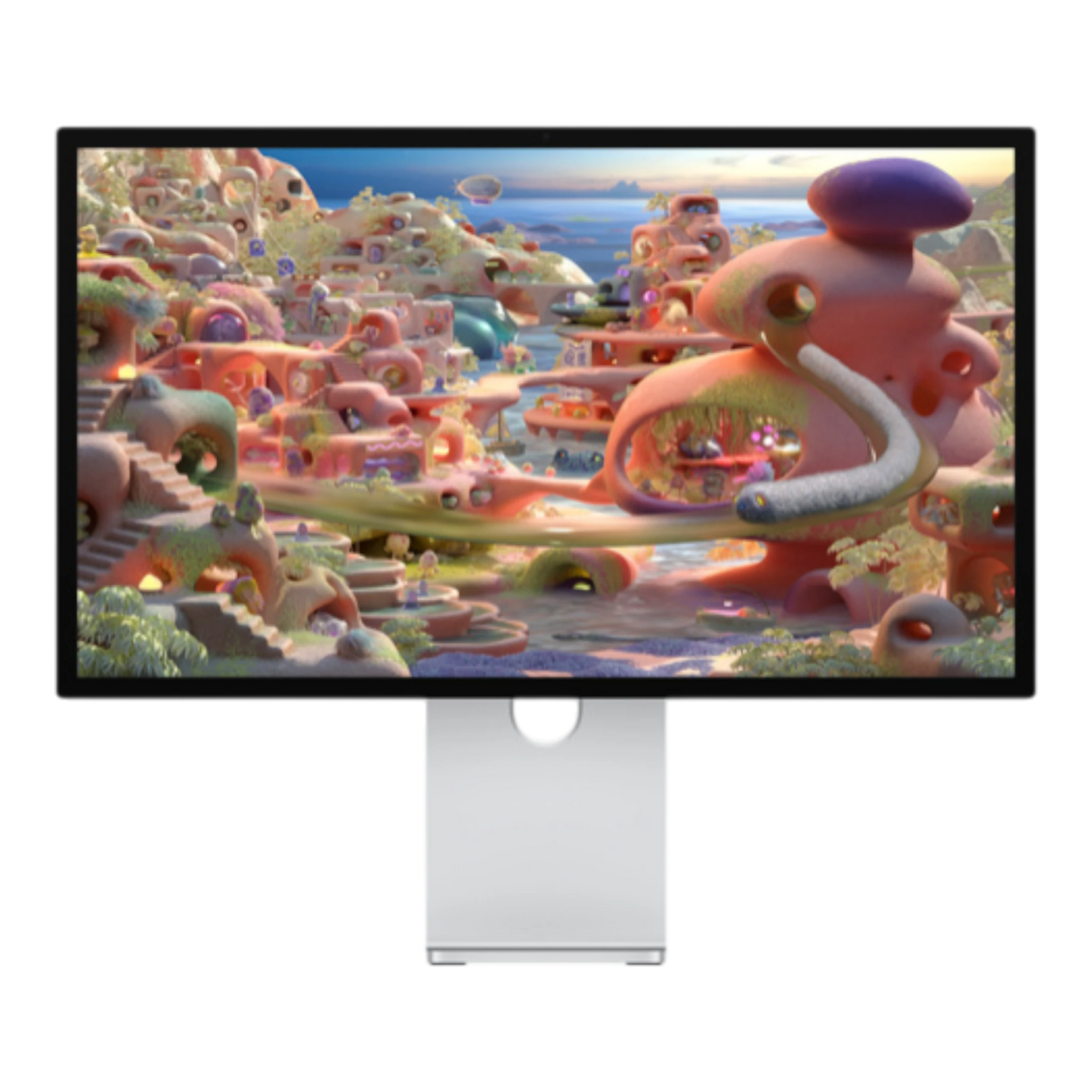 Vivid digital illustration of a fantastical landscape displayed on a Studio Display XDR with VESA mount adapter.