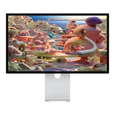 Vivid digital illustration of a fantastical landscape displayed on a Studio Display XDR with VESA mount adapter.