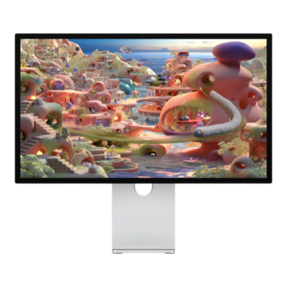 Vivid digital illustration of a fantastical landscape displayed on a Studio Display XDR with VESA mount adapter.